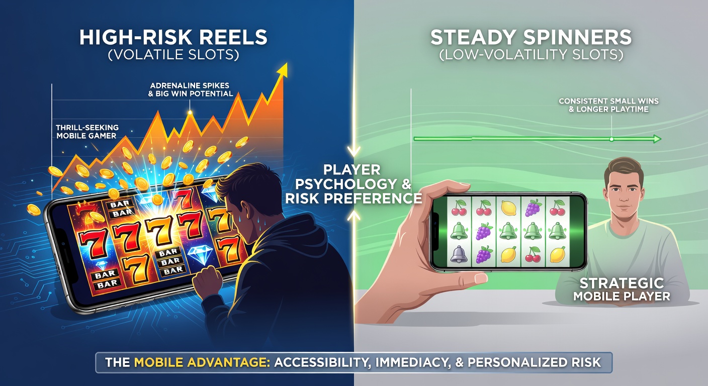 Vergleichsgrafik von Low- und High-Volatility-Slot-Auszahlungskurven auf Smartphone-Displays