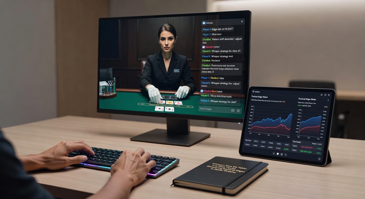 Nahaufnahme eines Chat-Fensters in einem Baccarat-Live-Stream mit strategischen Tipps und Roadmaps im Hintergrund